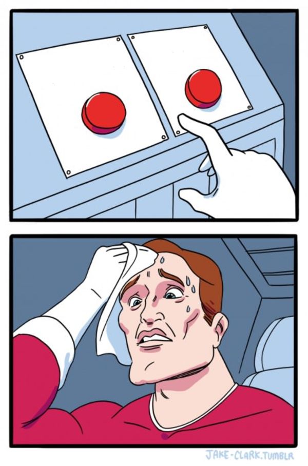 Two Buttons meme about Muddy Bites