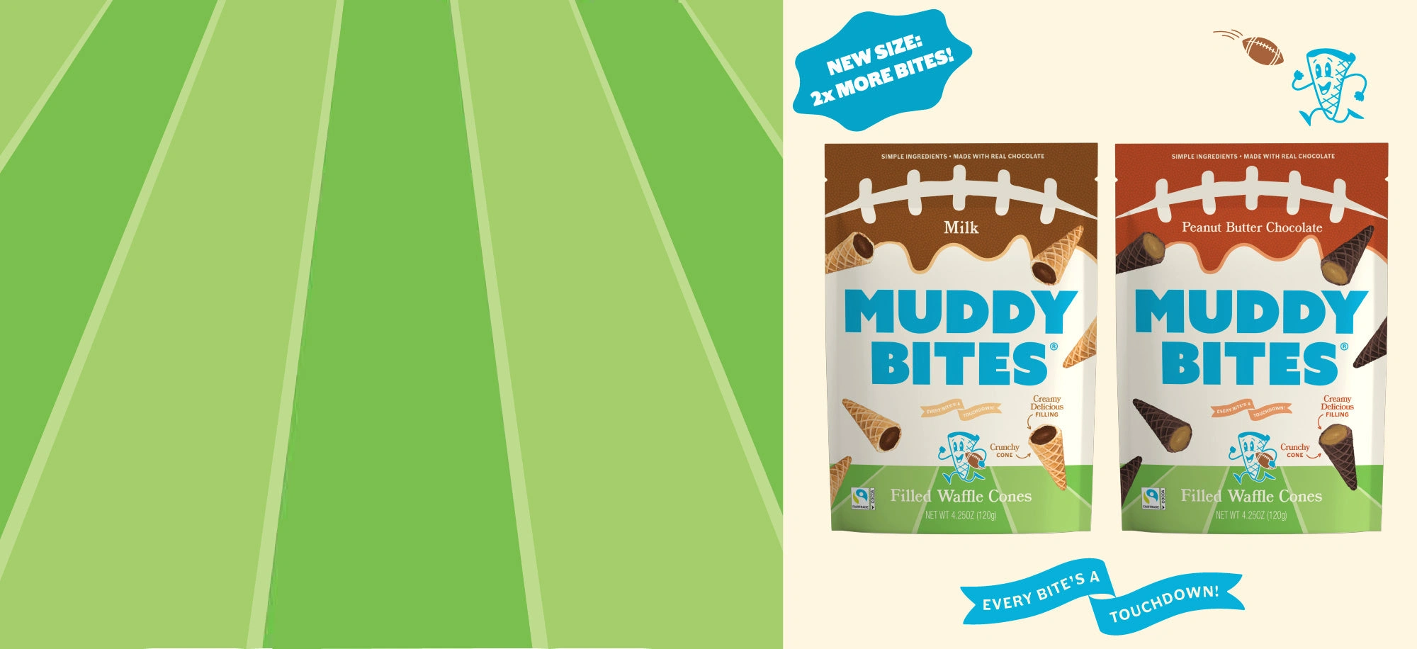Game Day Milk and Game Day Peanut Butter Chocolate bags on a football field