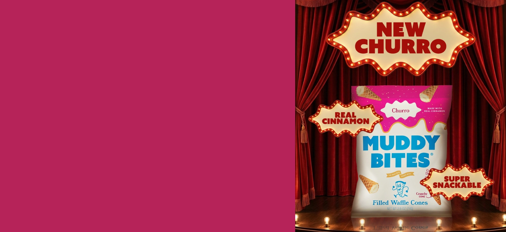 Muddy Bites Churro bag on a theater stage