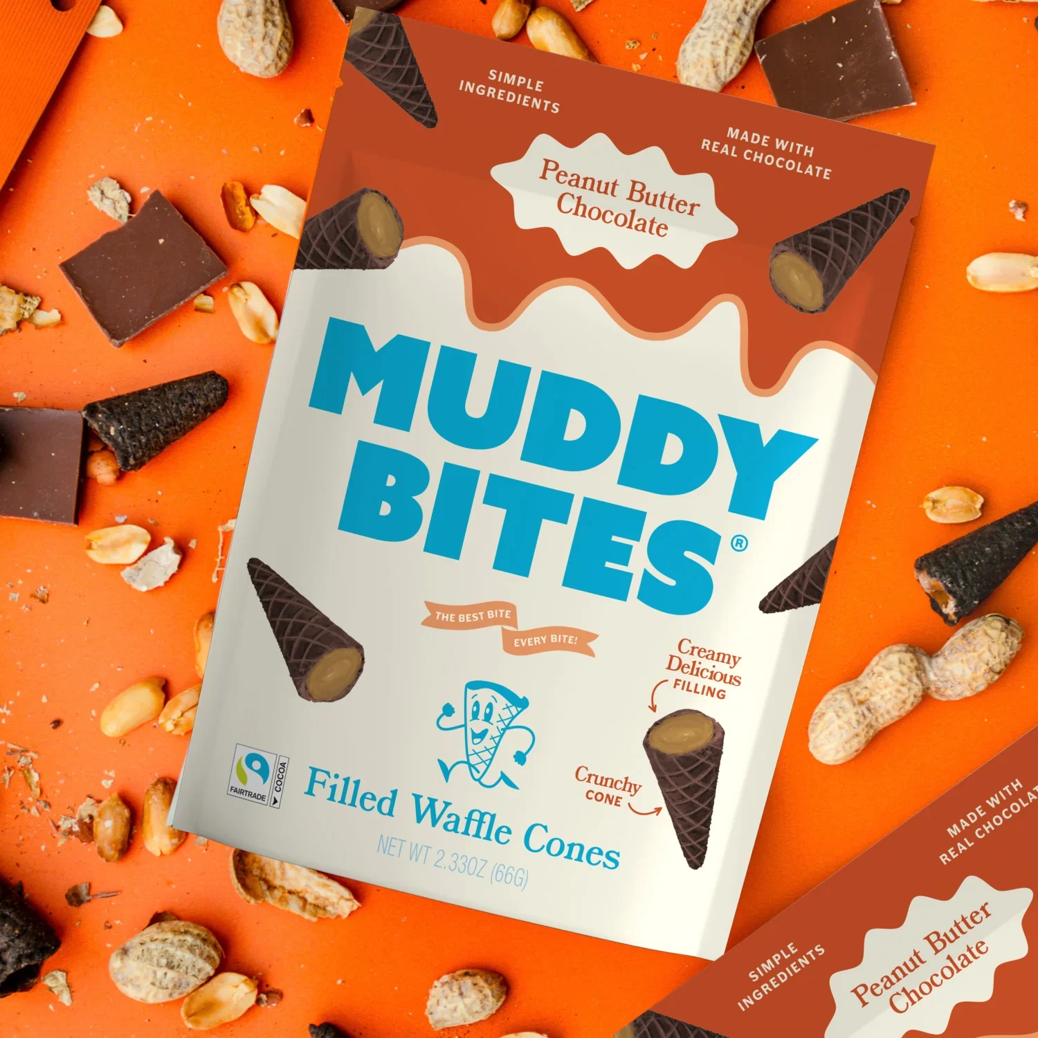 Peanut Butter Chocolate Muddy Bites bag with peanuts