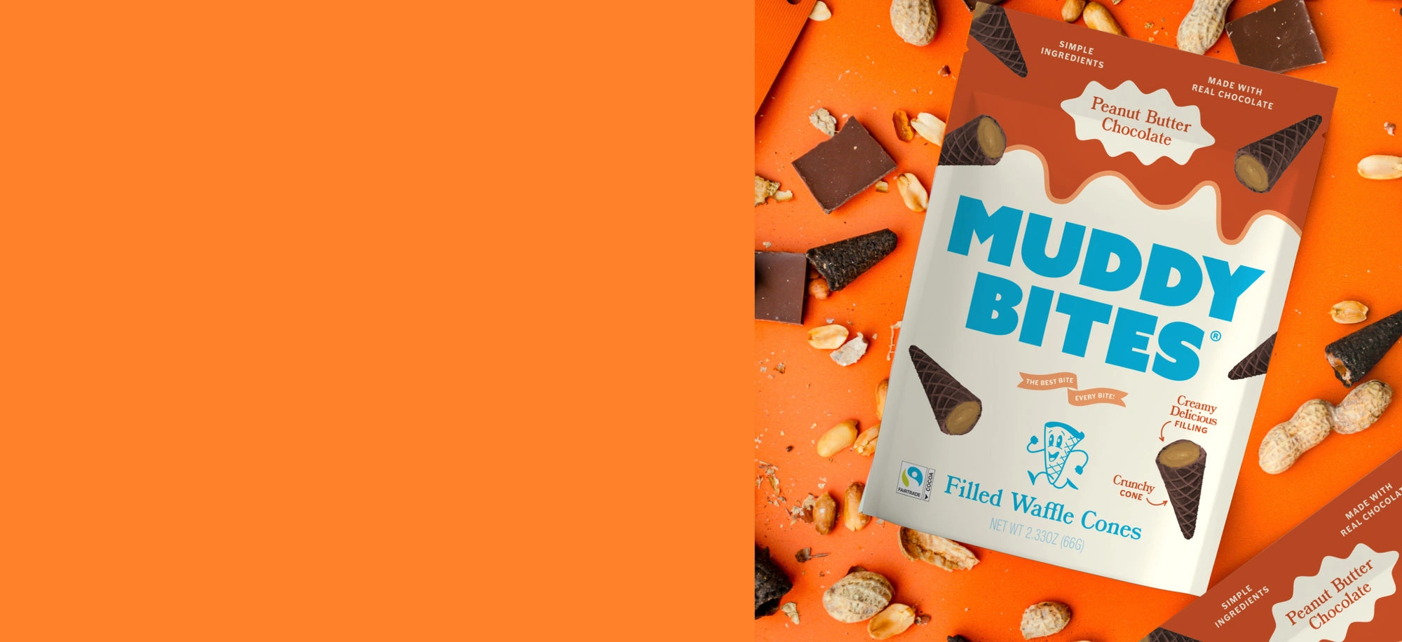 Peanut Butter Chocolate Muddy Bites bag on orange