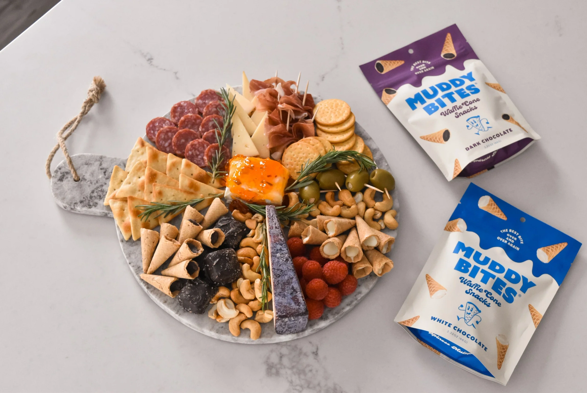 Close-up of a festive snack table featuring Muddy Bites, a popular treat.